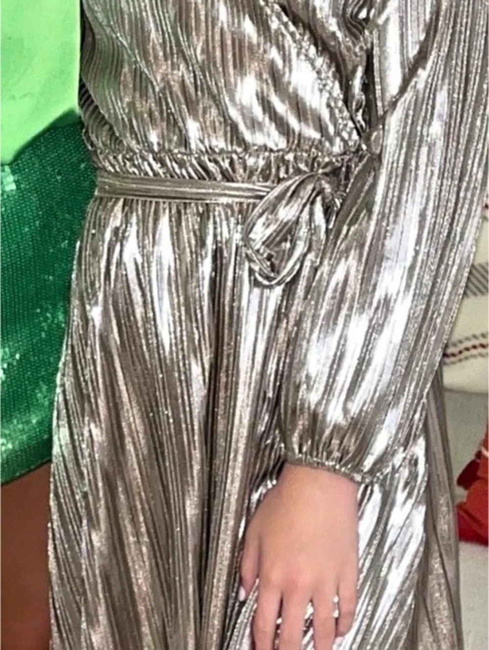 Copper Key Metallic Pleated Mini Wrap Dress Size Large Like New